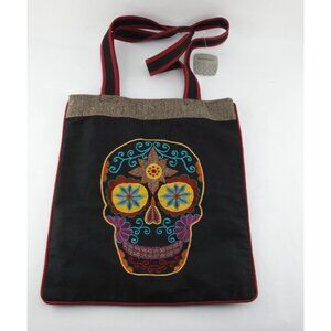World Mark Sugar Skull Tote Bag Black Embroidered Day of Dead Boho Festival Fabr
